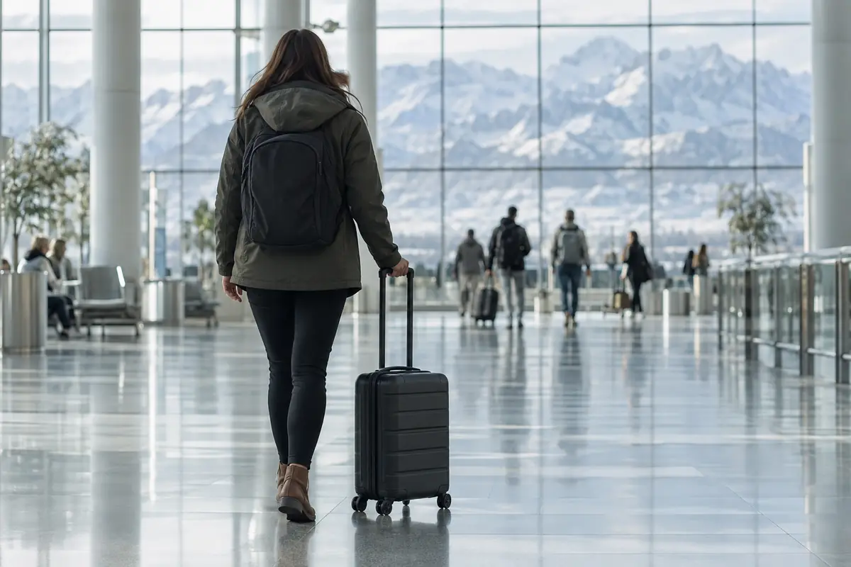 Traveler pulling a suitcase through a bright airport hall with snowy mountains outside