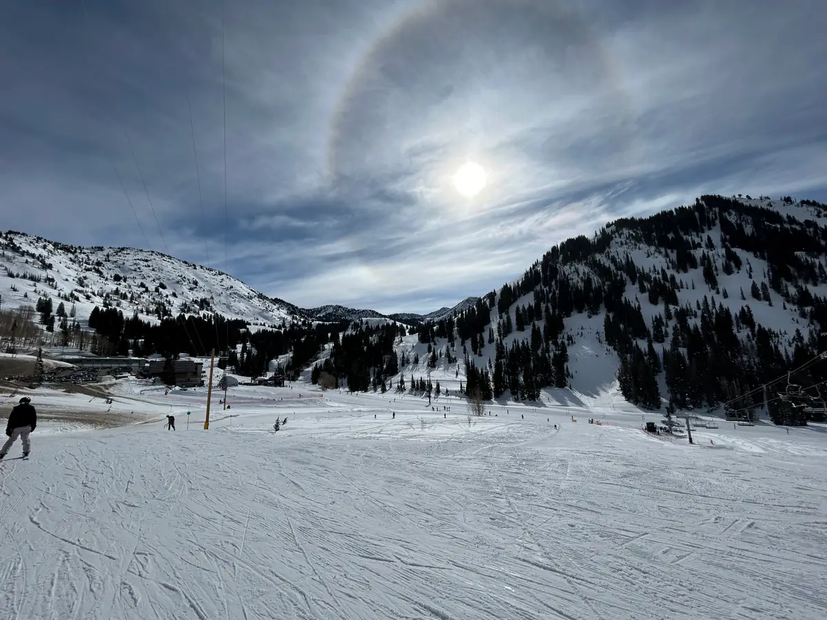 Alta Ski Area under a winter sun halo near the Snowpine lift
