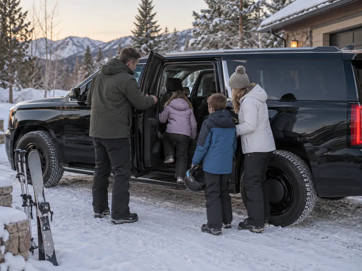 Family with two children in ski jackets climbing into a black SUV on a snowy driveway