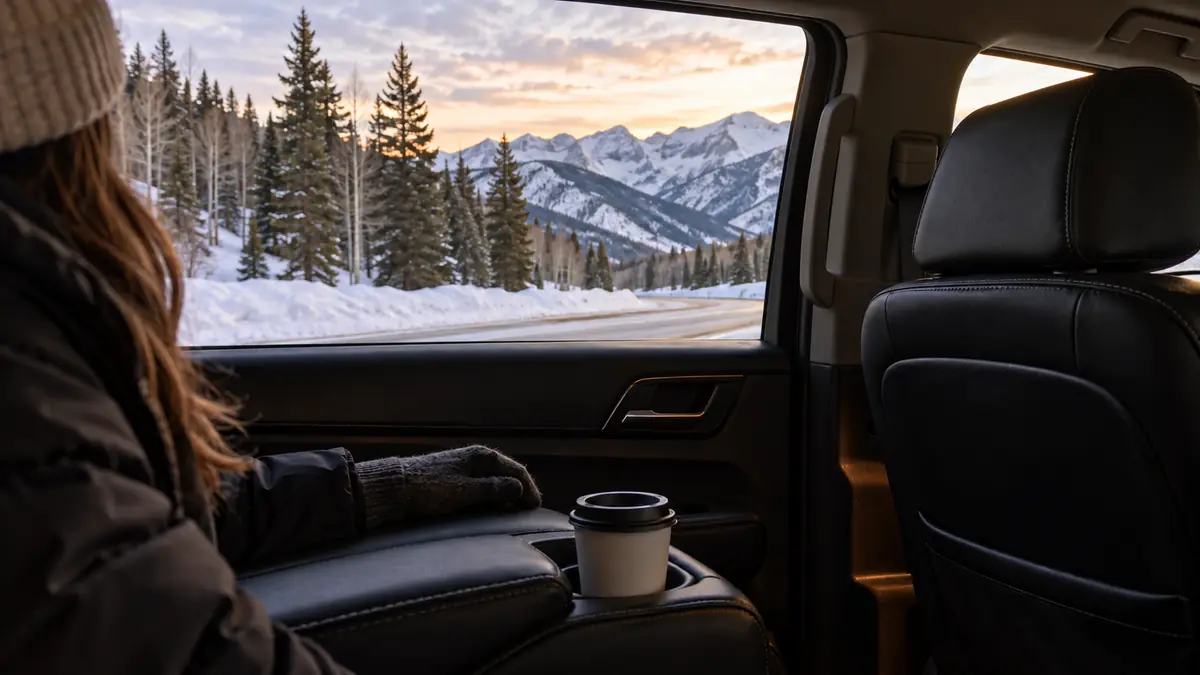 View from the rear seat of an SUV onto a snowy mountain road, coffee in the cupholder