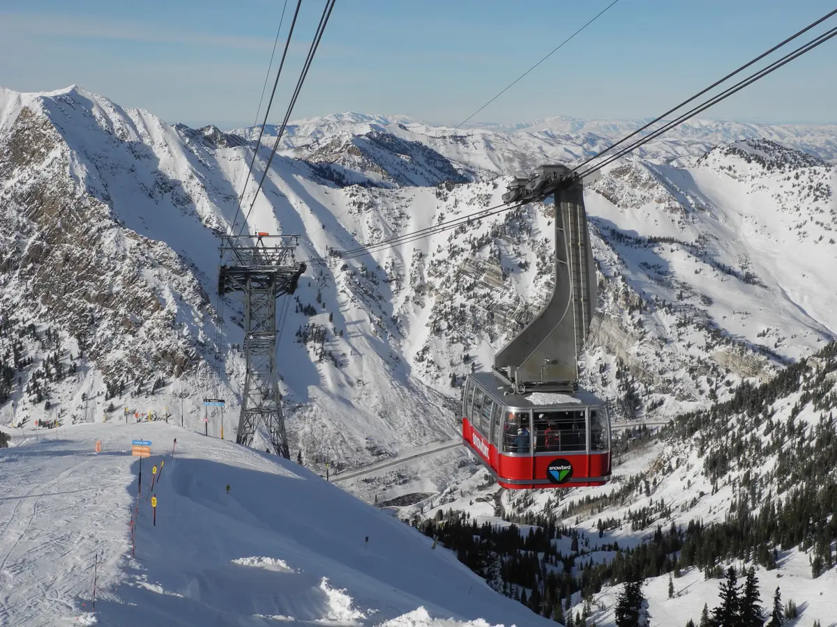 Snowbird's aerial tram approaching the top of Hidden Peak