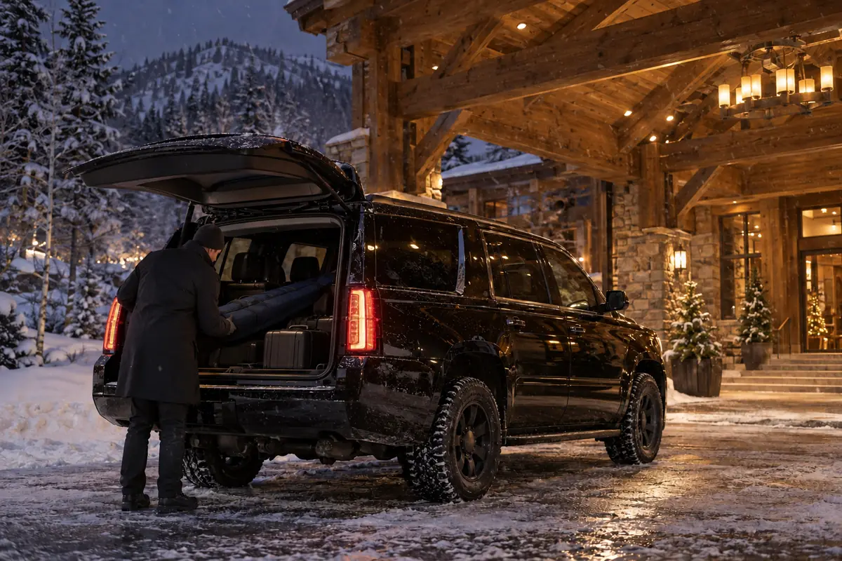 Driver unloading a ski bag from a black SUV under a lit mountain lodge entrance at night