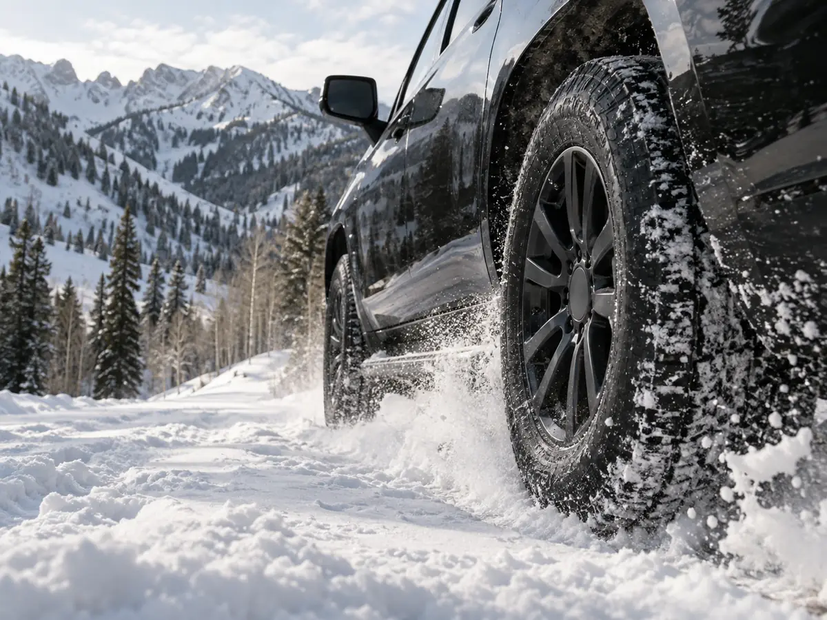 SUV winter tire rolling through fresh powder snow
